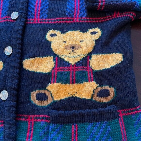 1980's AOP Teddy Bear Tartan Plaid Plush Tail Themed Cardigan Sweater Medium - Picture 4 of 12